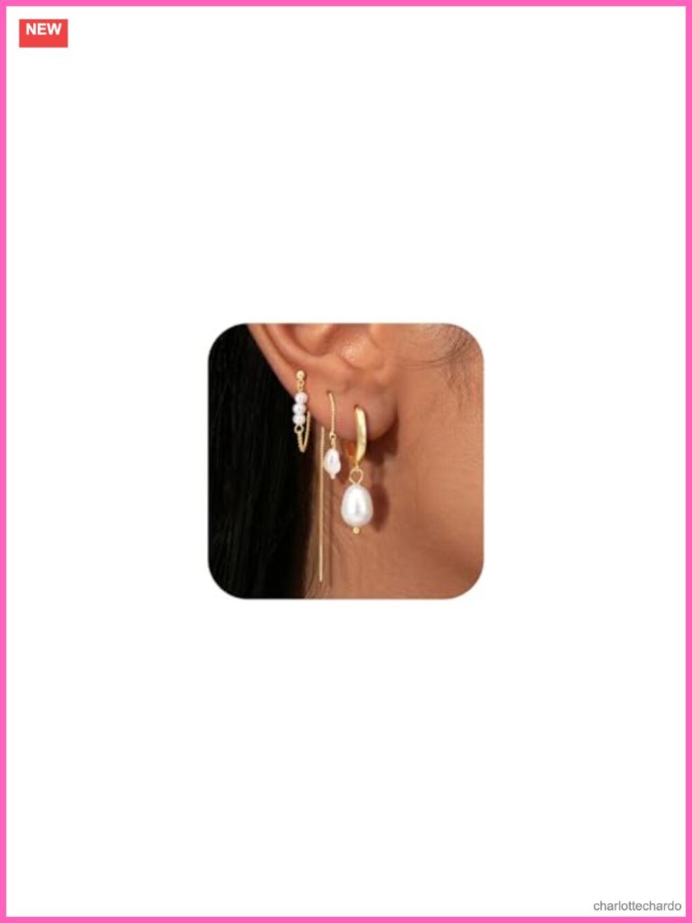 Pearl Earrings Set for Women Hypoallergenic 14K Gold Plated Dangle Hoops